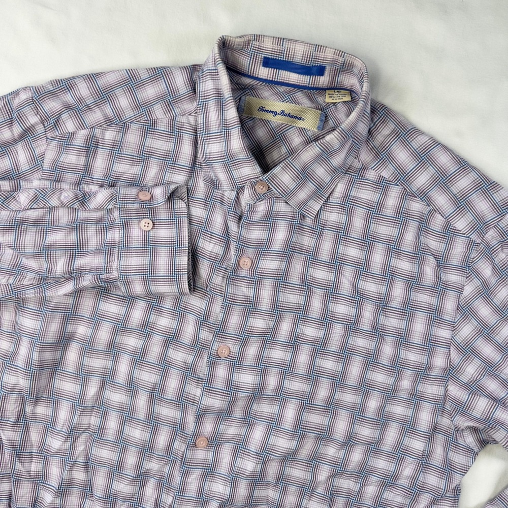 Tommy Bahama‎ Shirt Mens Large Button Down Silk Blend Purple Long Sleeve